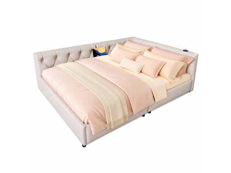  Lit de jour 140x200 cm avec éclairage led 7 couleurs, ports usb et type-c, beige sans matelas  - Conforama A