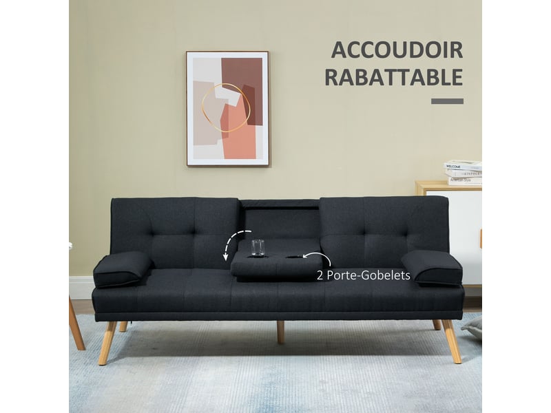 Canapé convertible 3 places, canapé-lit rembourré avec dossier réglable 3 niveaux, 2 coussins et 2 porte-gobelets intégrés, tissu de lin, pour salon, petit espace, chambre d'amis, gris  - Conforama W