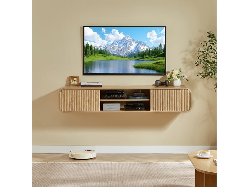  Meuble tv mural 160 cm en panneau de particules bois clair, avec rangement ouvert et passe-câbles intégré  - Conforama E