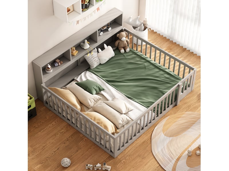  Lit enfant banquette 140 x 200 cm avec rangements latéraux, barrières et sommier, gris  - Conforama E