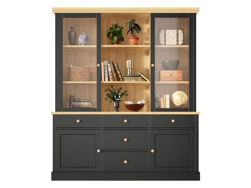 Buffet haut de cuisine 140x40x185 cm, 5 grands tiroirs, portes vitrées, étagères réglables, niches ouvertes, anti-basculement, noir et effet bois - Conforama A