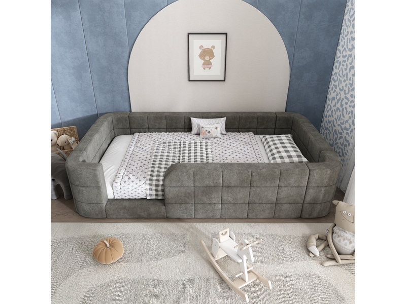  Lit au sol enfant 90x200 cm, lit rembourré, barrière de sécurité, sommier à lattes, couchage confortable pour 2 personnes, chenille gris OPULERANE TRADING LTD - Conforama B