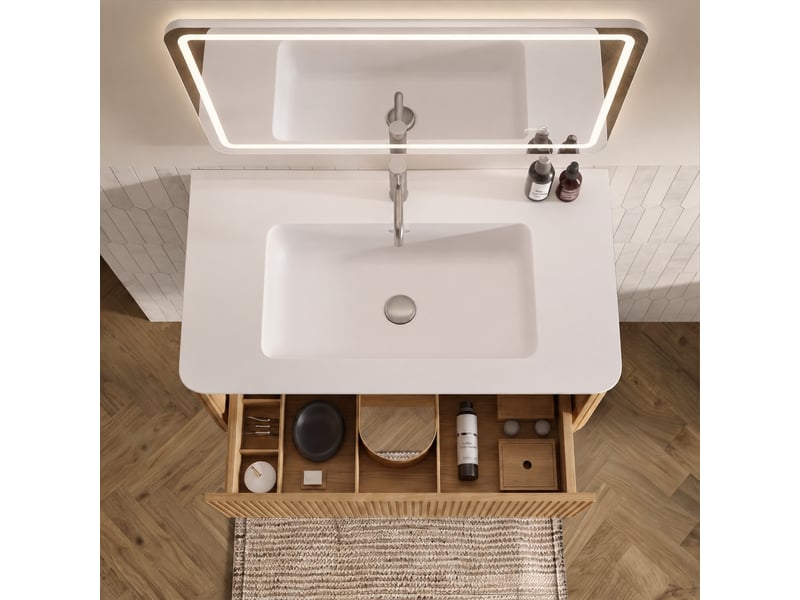  Meuble vasque suspendu 80 cm avec miroir led, finition chêne  - Conforama D