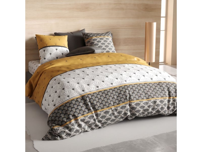  Parure housse de couette 260x240cm + 2 taies motif rétro gris et jaune 100% coton - tilio TILIO - Conforama B