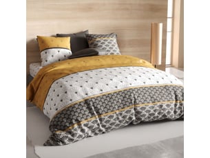 Parure housse de couette 260x240cm + 2 taies motif rétro gris et jaune 100% coton - tilio
