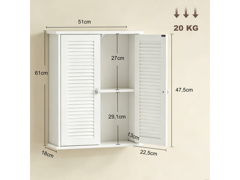 Armoire murale salle de bain blanche, 2 portes persiennées, étagère réglable, 51 x 18 x 61 cm  - Conforama E