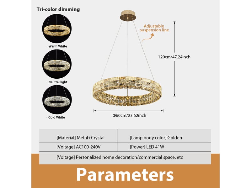  Lustre anneau en cristal d – led 81 w intégrée, éclairage 3 couleurs ASLED-692 - Conforama E
