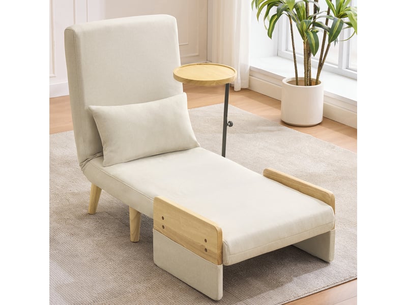  Fauteuil 74,5x66x88 cm, convertible, canapé simple, dossier réglable 6 positions, tablette, bois et métal, lin beige  - Conforama E