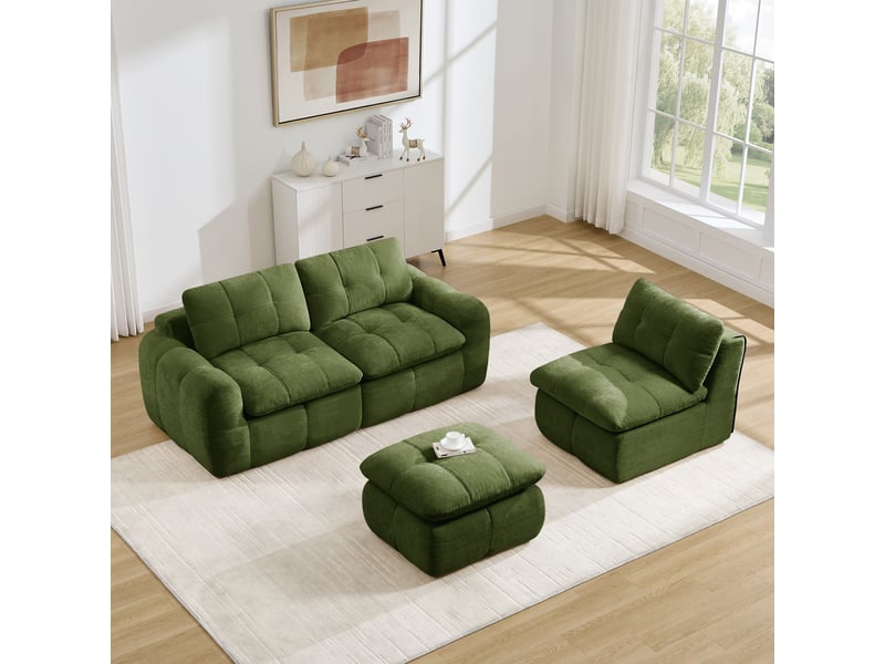  Canapé d'angle, canapé modulable, 3 places, en chenille, vert, sans structure, adapté à l'espace de vie, avec pouf  - Conforama D