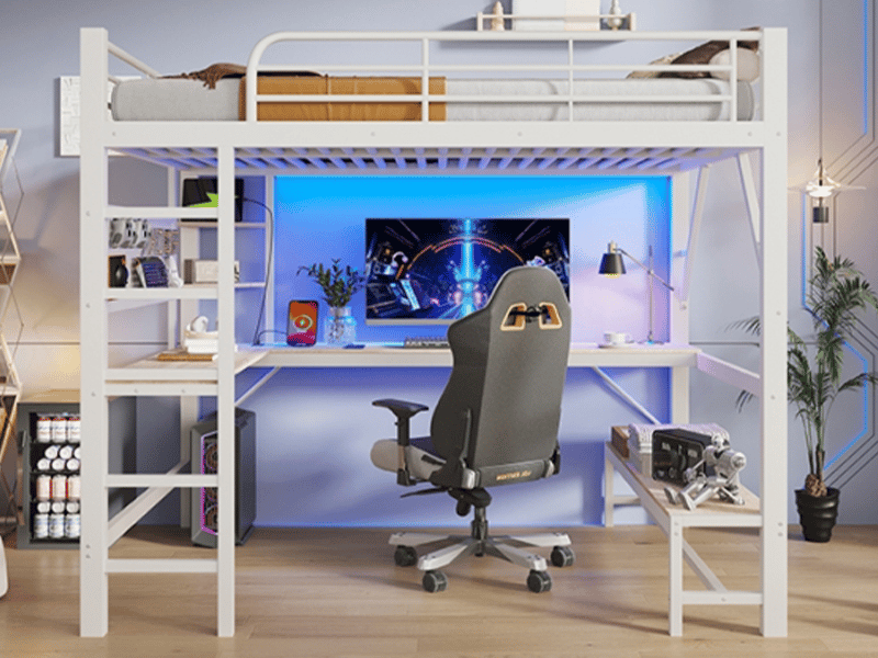  Lit mezzanine 160 × 200 cm, avec bureau, led, ports usb et usb-c, étagères et panneau perforé, métal et mdf, blanc  - Conforama B