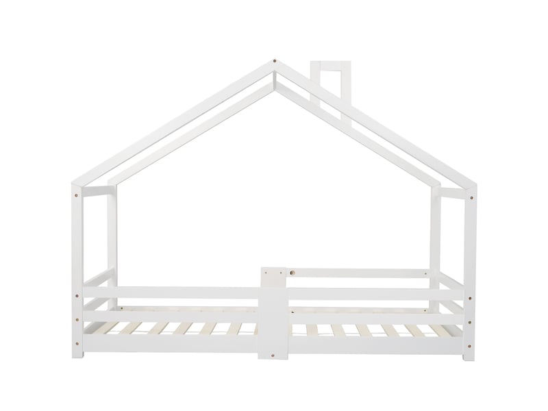  Lit cabane enfant 90x200 blanc, lit maison bois pin massif avec sommier lattes et barreaux sécurité pour chambre  - Conforama A