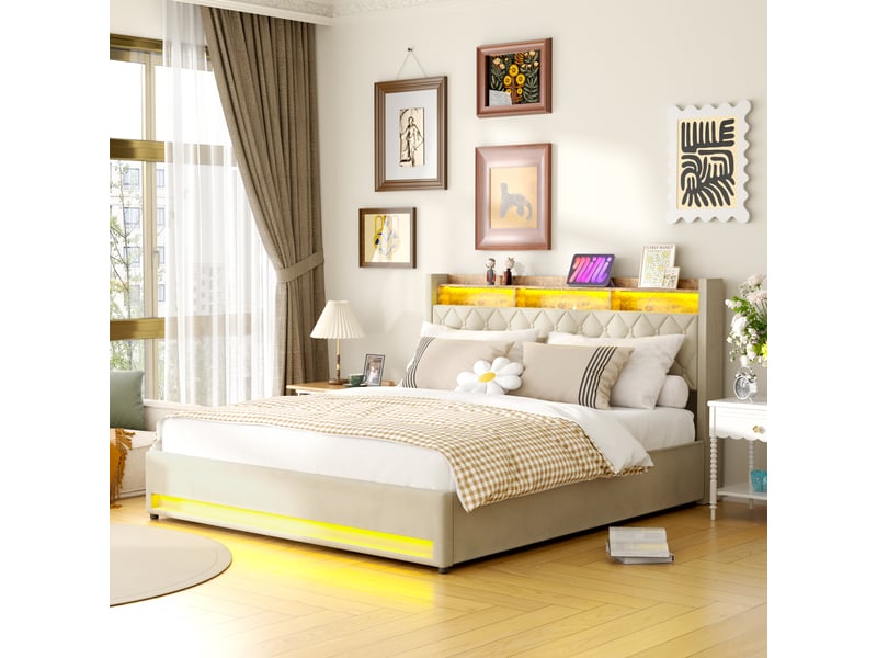  Lit coffre adulte 180x200 cm rembourré, revêtement en velours résistant aux taches, structure en mdf et fer, beige  - Conforama B