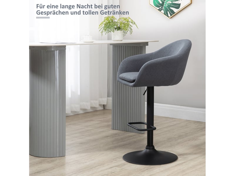Tabouret de bar réglable pivotant à 360° avec dossier et repose-pieds, tissu aspect lin gris foncé, acier noir - Conforama E