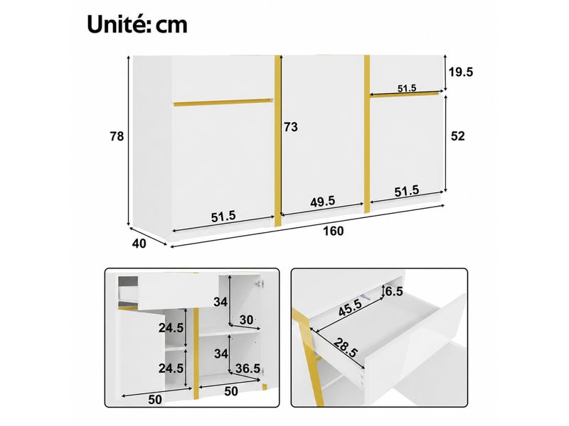 Buffet bas blanc brillant à détails dorés – 3 portes, 2 tiroirs – 160 x 40 x 78 cm - Conforama D