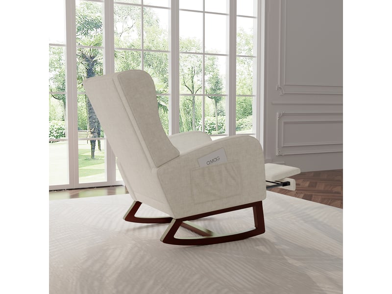  Fauteuil à bascule avec repose-pieds, chaise d'allaitement avec poche latérale, rocking chair avec pieds en bois massif pour salon, chambre, beige  - Conforama W