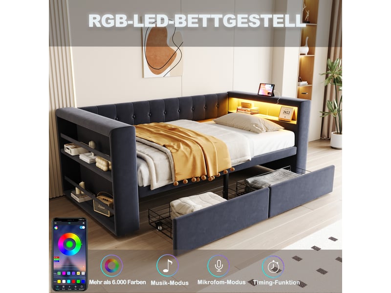  Canapé-lit capitonné 90×190 cm avec led, prise, grand rangement et tiroirs, flanelle gris foncé  - Conforama C