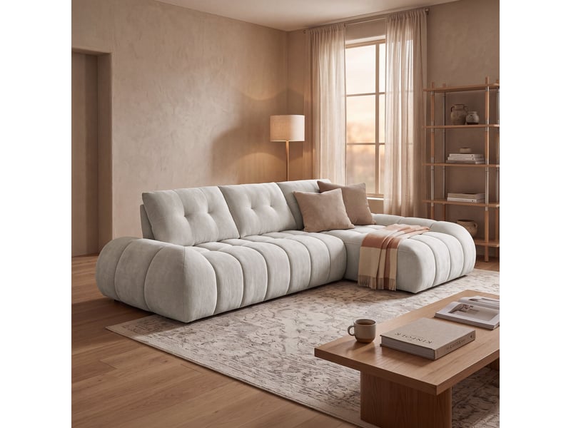 Canapé d'angle en tissu capitonné beige - angle droit - Conforama C
