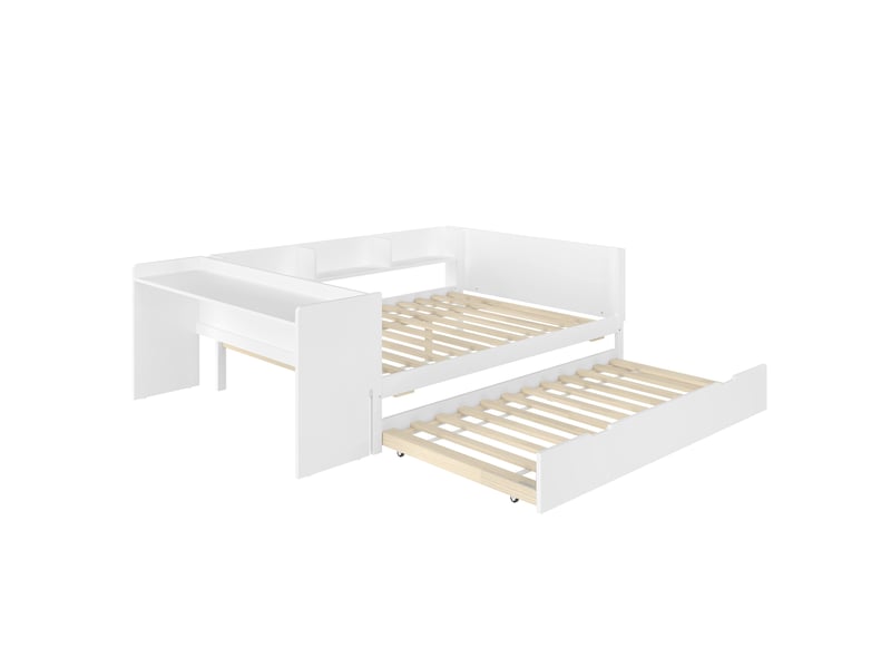  Lit enfant blanc 140x200 cm en bois, bureau, lit gigogne et étagères intégrés  - Conforama D