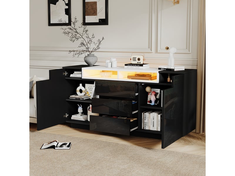 Buffet noir avec led 140 cm, meuble de salon 2 portes et 3 tiroirs, haute brillance - Conforama R