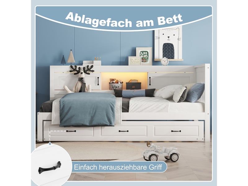  Lit banquette 90x200 avec lit gigogne et led, lit de jour blanc avec prises usb et rangement  - Conforama D