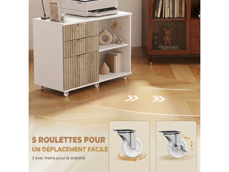  Support d'imprimante sur roulettes, 3 tiroirs, 2 étagères ouvertes, design ondulé, 80x40x68cm, blanc chêne  - Conforama R