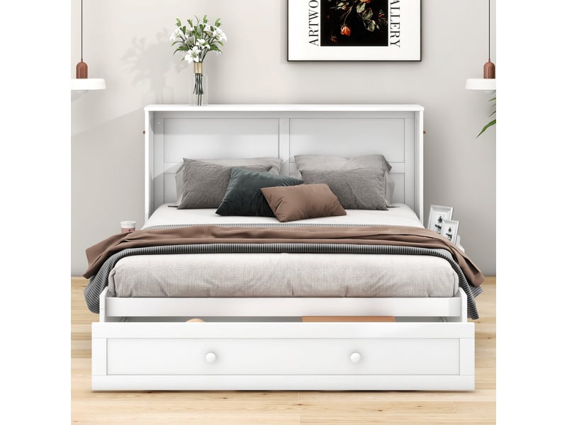  Lit escamotable 140x200cm, lit adult, lit double, lit d'appoint, avec étagères, tiroir, pin + mdf blanc, sans matelas  - Conforama B