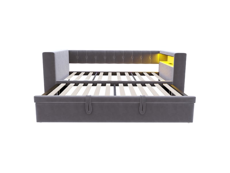 Lit gigogne 90-180x190 cm 2 en 1 avec led et charge, flanelle, gris foncé, sans matelas - Conforama R