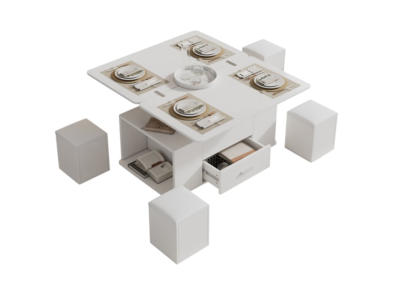  Table basse réglable en hauteur, table d'appoint mobile, table basse multifonctionnelle 4 en 1 transformable en table de salonsalle à manger, table basse avec tiroirs, avec 4 tabourets, blanche  - Conforama A