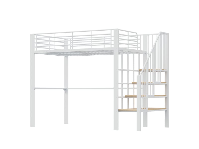 Lit mezzanine 140x200 avec espace de rangement sous le lit et escalier sécurisé, structure en métal pour enfants et adultes, blanc. - Conforama C