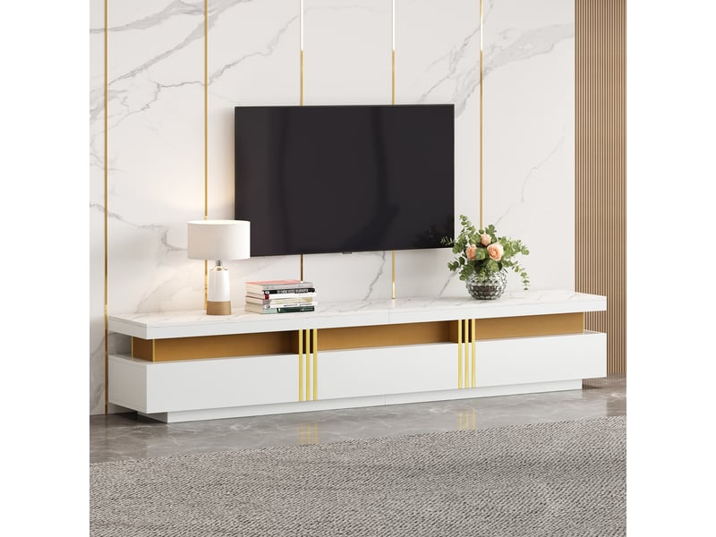  Meuble tv 200x40x42 cm – finition marbre, 3 tiroirs, gestion des câbles – pour tv jusqu’à 90 pouces  - Conforama B