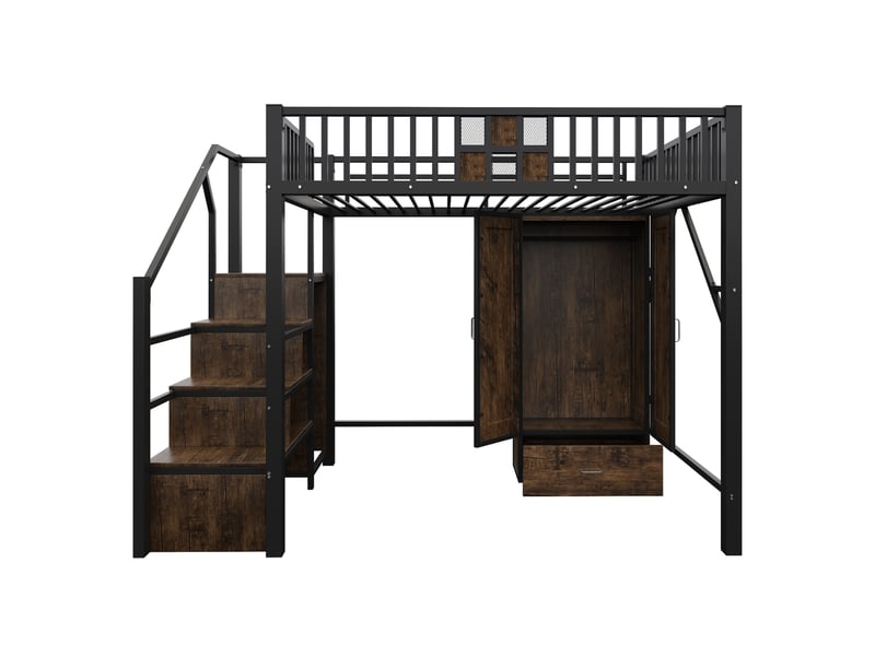 Lit mezzanine 140x200 cm – noir – mezzanine avec armoire, tiroir et escalier de rangement – sans matelas - Conforama D