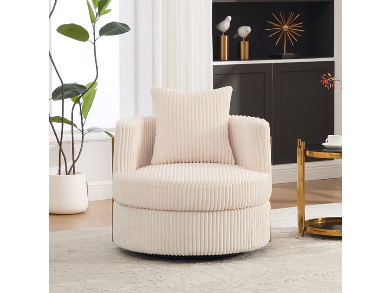 Fauteuil pivotant à 360° en velours côtelé avec rembourrage en mousse haute densité et espace de rangement sous l'assise - beige - Conforama D
