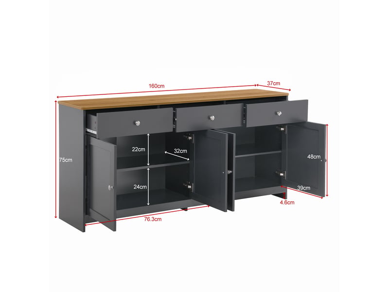  Buffet 160 x 37 x 75 cm gris noir et bois, mdf, 3 tiroirs, 4 portes, rangement pour salle à manger  - Conforama C