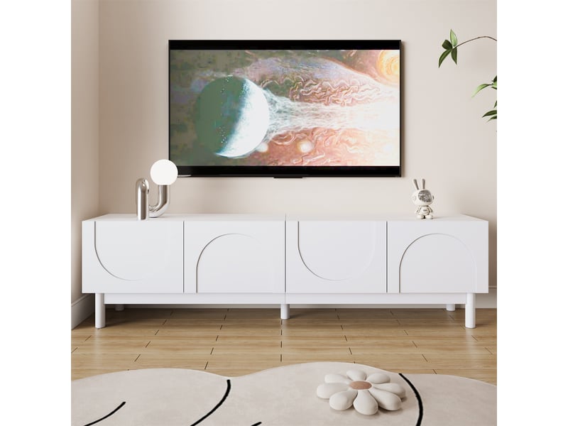  Meuble tv 169x35x45,5 cm - meuble bas avec portes ondulées en relief, étagères de rangement et pieds stabilisateurs  - Conforama B