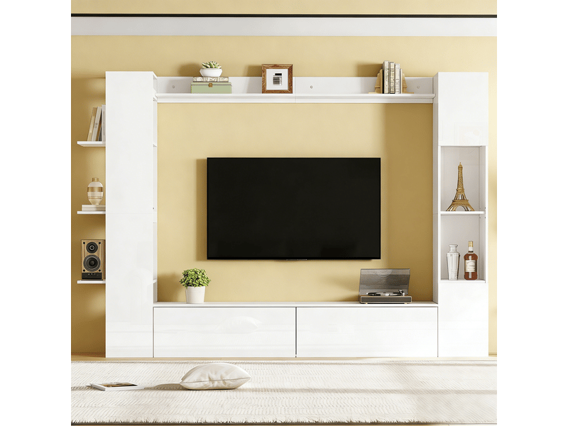  Ensemble meuble salon avec vitrine meuble tv mural blanc brillant 245 cm - rangement ouvert et fermé  - Conforama E