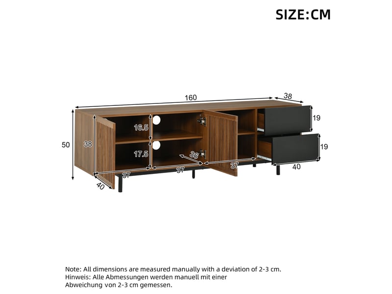  Meuble tv 160 cm en mdf noir et bois naturel – 2 tiroirs, portes à persiennes et niches ouvertes  - Conforama C