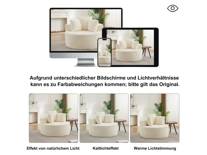  Fauteuil relax rond avec accoudoirs larges et 3 coussins, design minimaliste, en velours côtelé beige  - Conforama E