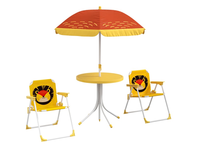  Ensemble de 2 chaises pliantes et une table pour enfants, table de jardin à hauteur réglable sur le thème du lion avec parasol, jaune  - Conforama A