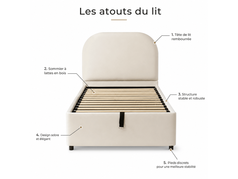  Lit coffre enfant 90 x 190 cm beige velours avec sommier à lattes tête de lit rembourrée rangement hydraulique  - Conforama D