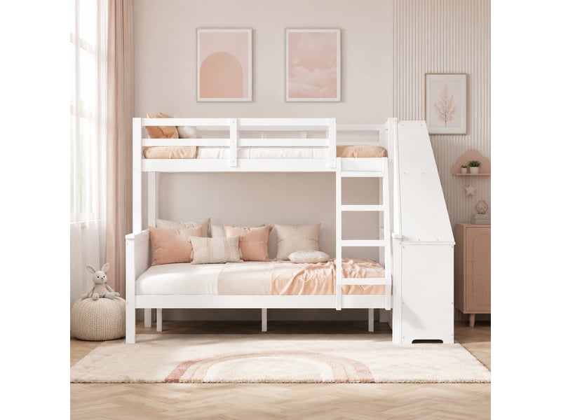 Lit superposé enfant 90x200 + 140x200 cm avec bureau et rangements, blanc  - Conforama B