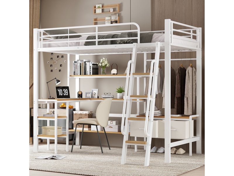  Lit mezzanine 90x200 cm avec bureau, lit surélevé pour chambre d'enfant avec étagère et 2 bacs de rangement, métal et mdf avec échelle inclinée, blanc  - Conforama B