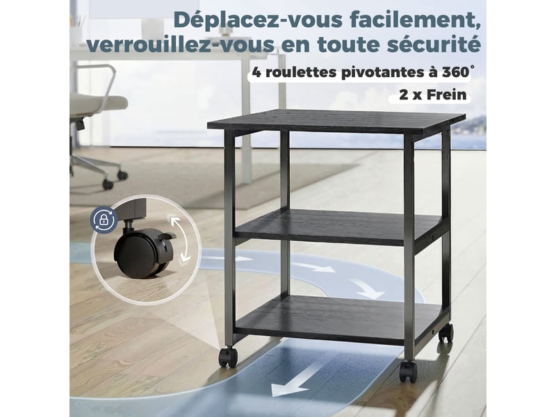  Support d'imprimante desserte de rangement 3 niveaux étagères mobile sur 50 x 50 x 52,5 cm roulettes  - Conforama E