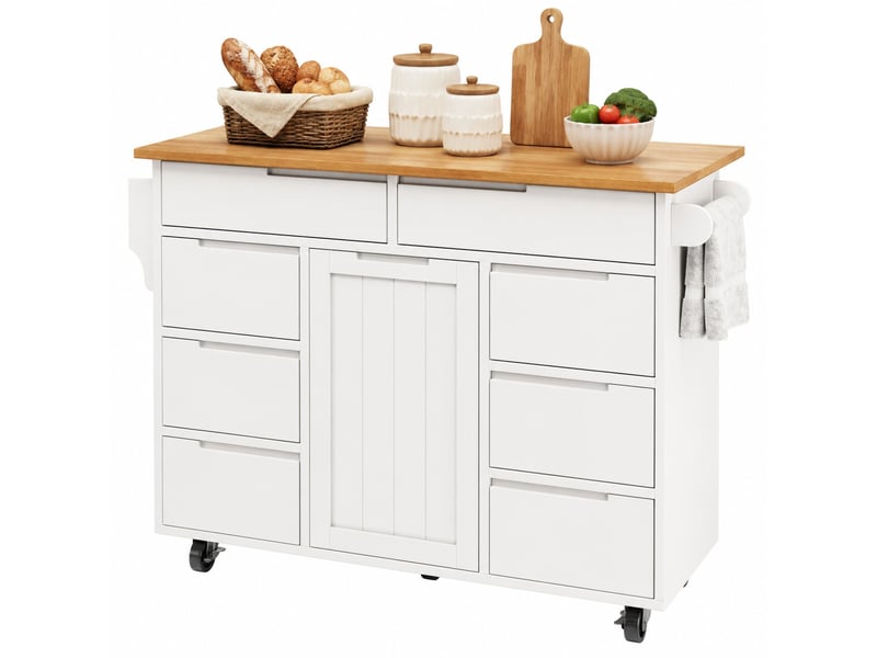 Desserte de cuisine avec 8 tiroirs, placard, plateau rabattable, porte-serviettes et roulettes freinées en mdf blanc - Conforama A
