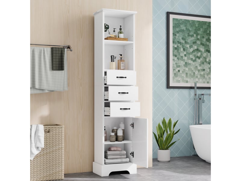  Armoire de salle de bain avec 1 porte, 3 tiroirs et étagères réglables, pour salle de bain, 38 × 26 × 172,5 cm  - Conforama D