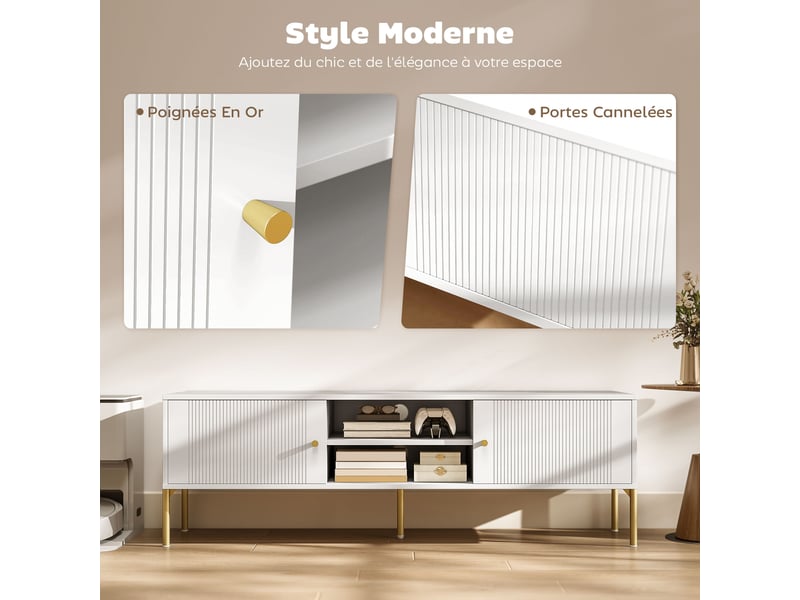  Meuble tv 2 portes 2 compartiments ouverts pieds en acier blanc 140 x 38 x 45,9 cm  - Conforama D