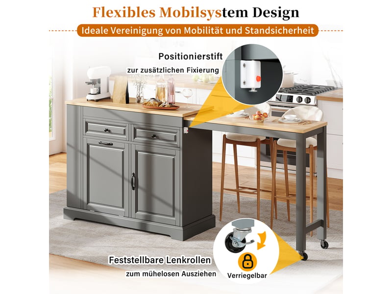 Îlot de cuisine sur roulettes plateau extensible 112-180 cm meuble poubelle 2 tiroirs gris - Conforama R