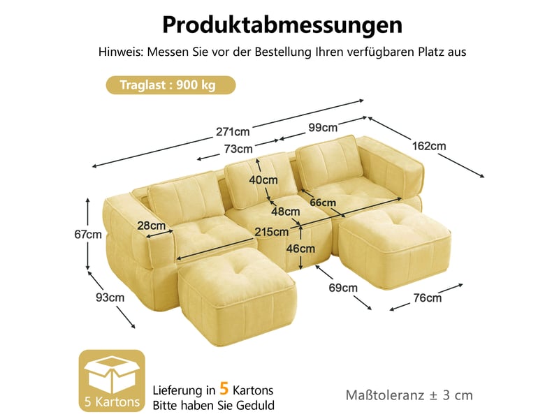 Canapé d'angle modulable 3 places en polyester, forme u avec 2 poufs, jaune - Conforama C