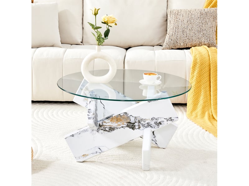 Table basse ronde avec plateau en verre trempé et piètement croisé, effet marbre blanc, pour salon, 79 × 79 × 45 cm  - Conforama C