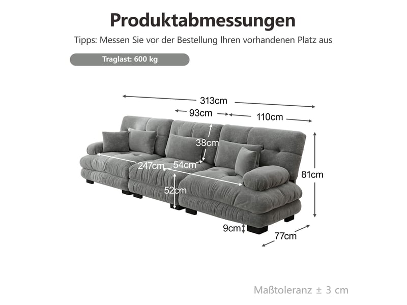  Canapé modulable 313x77x81cm 3 places, assise confortable, accoudoirs courbés, structure en bois, tissu chenille, gris  - Conforama C