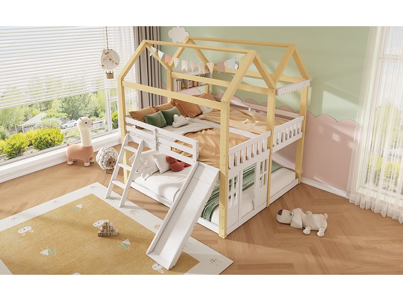 Lit mezzanine cabane 90x200 cm, toboggan réversible, échelle et garde-corps, pin, contreplaqué et panneaux mdf, blanc - Conforama B